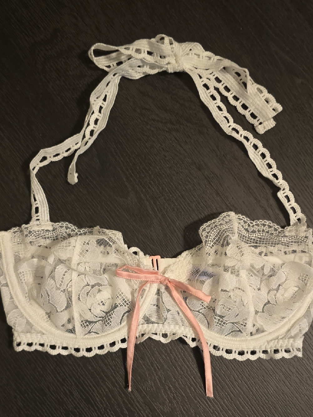 For Love And Lemons White Lace Halter Bralette with Pink Bow Accent